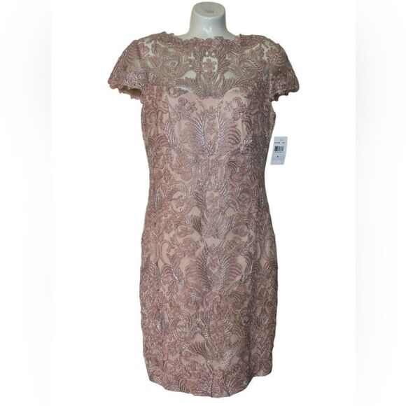 NWT Tadashi Shoji Corded Embroidery On Tulle Cap Sleeve Dress - Picture 3 of 9